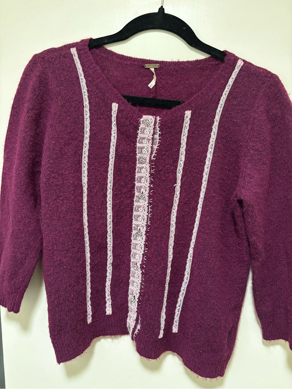 Free People Plum Embellished Lace-Trim Sweater